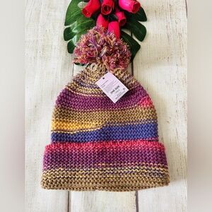 Wild Fable Women’s Colorful Striped Knit Crochet Pom Pom Beanie Hat One Size NWT